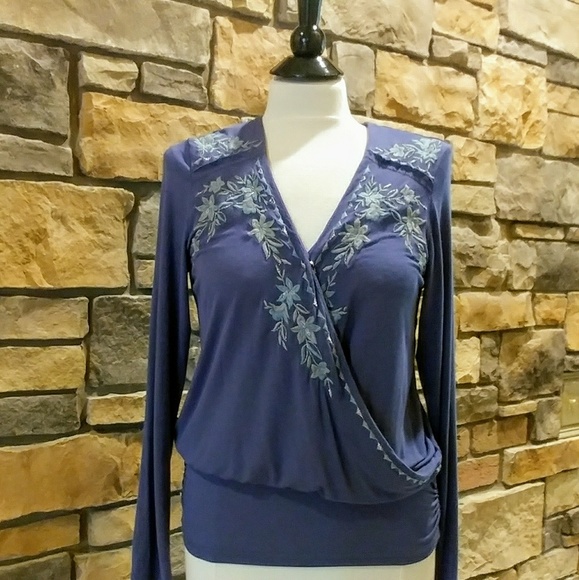 Knox Rose Tops - Embroidered Surplice Neckline Perwinkle Boho Top